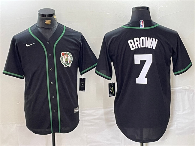 Men's Boston Celtics #7 Jaylen Brown Black With Patch Stitched Baseball Jersey